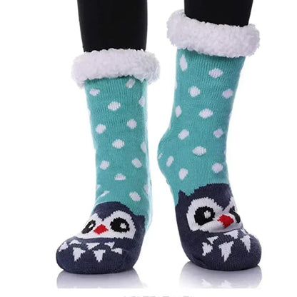 Cadeau de noël pantoufle chaussettes femmes thermique hiver chaud en peluche antidérapant poignée dormir sol chaussette courte floue moelleux femme dessin animé