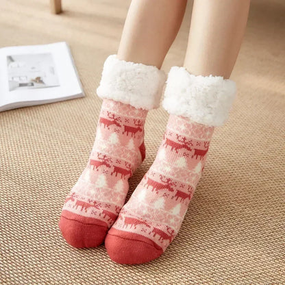 Cadeau de noël pantoufle chaussettes femmes thermique hiver chaud en peluche antidérapant poignée dormir sol chaussette courte floue moelleux femme dessin animé