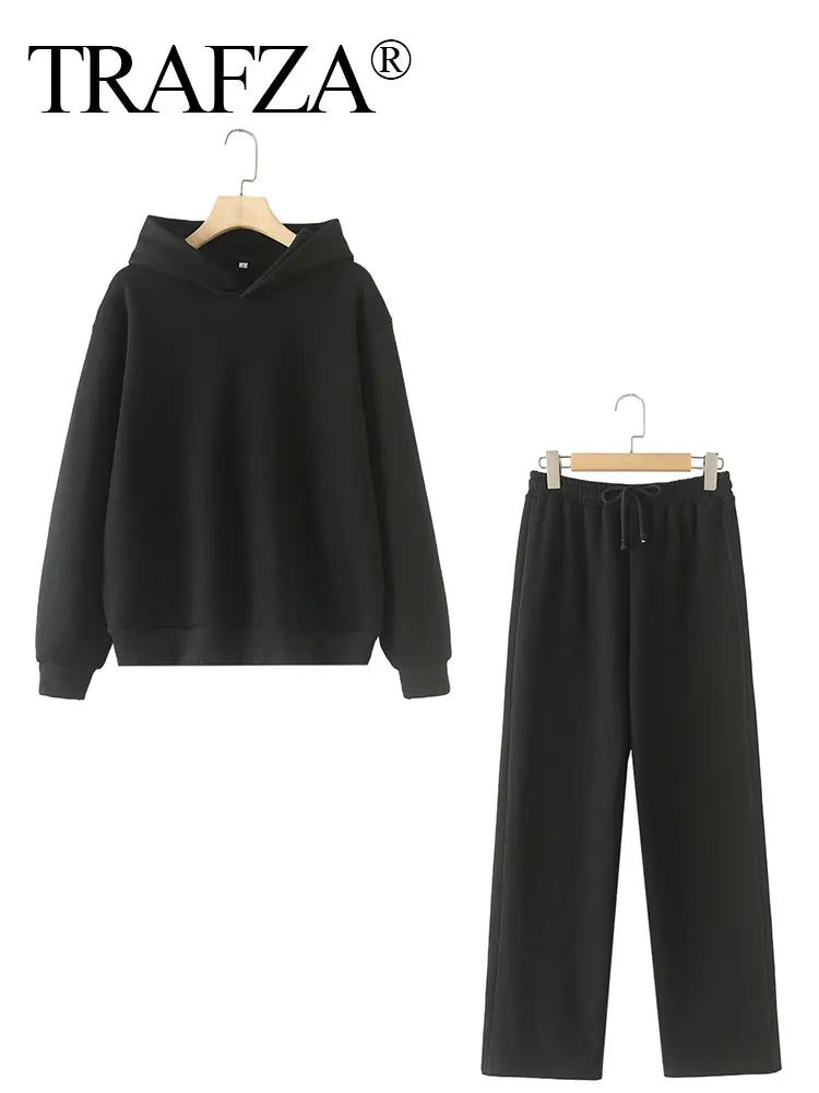 HH femmes solide décontracté sweat pantalon costume à manches longues à capuche polaire pull manteau ample pantalon droit automne femme ensemble