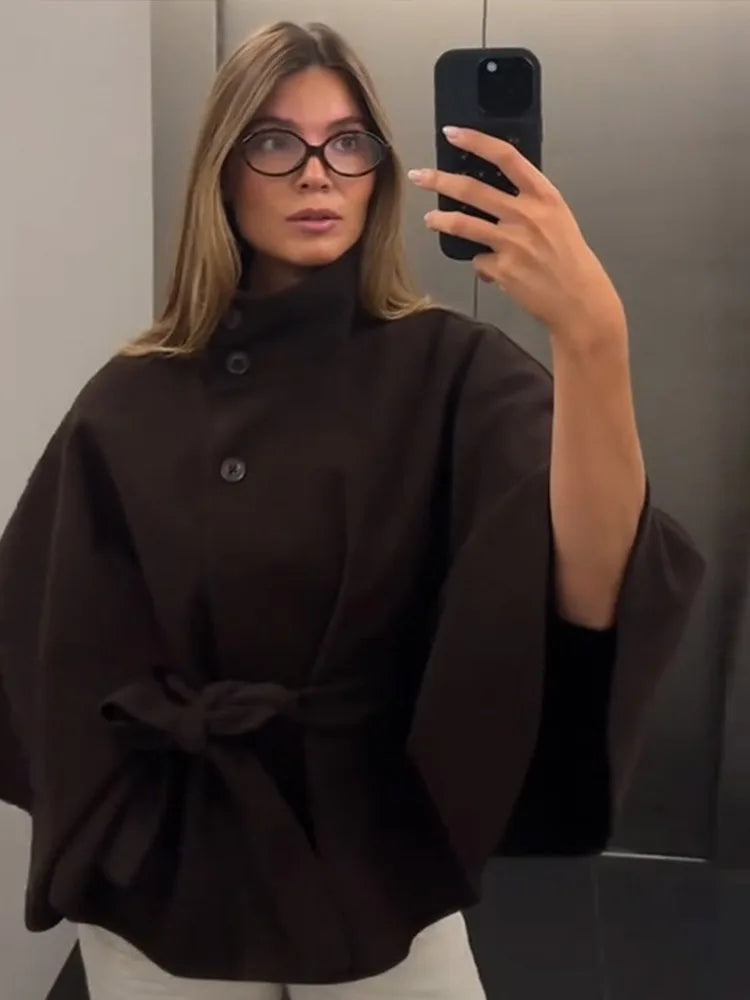 Manteau femme Cape courte manteaux pour femmes ceinture fausse laine et mélanges manteaux automne hiver solide manteaux élégant Cape veste dames