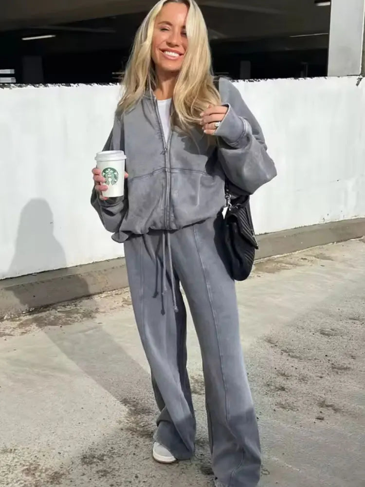 HH – veste bombardier rétro 2 pièces pour femme, couleur unie, fermeture éclair, sweat-shirt + taille haute, pantalon à jambes larges, vêtements de rue, automne