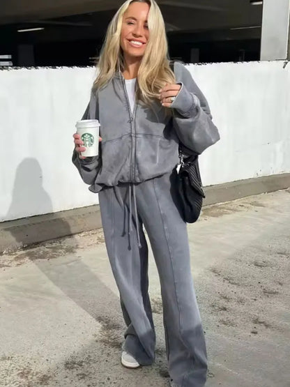 HH – veste bombardier rétro 2 pièces pour femme, couleur unie, fermeture éclair, sweat-shirt + taille haute, pantalon à jambes larges, vêtements de rue, automne