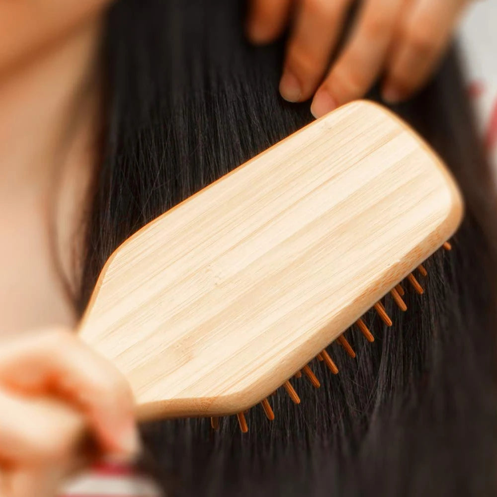 Bamboo Hair Brush with Paddle - Wood Bristles for Detangling and Gently Massaging Scalp, Reduces Frizz and Static