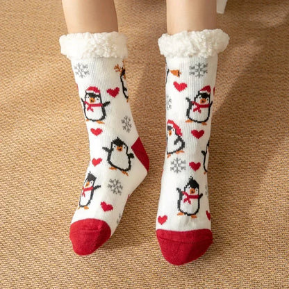 Cadeau de noël pantoufle chaussettes femmes thermique hiver chaud en peluche antidérapant poignée dormir sol chaussette courte floue moelleux femme dessin animé