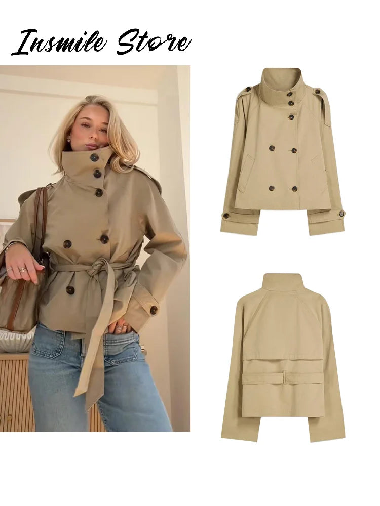 Mode ceinture courte Trench manteau femmes col montant Double boutonnage poche à manches longues manteaux 2025 automne dame trajet Chic vêtements d'extérieur