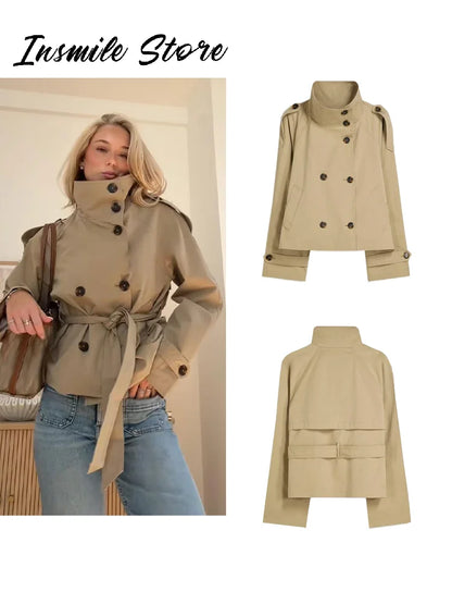 Mode ceinture courte Trench manteau femmes col montant Double boutonnage poche à manches longues manteaux 2025 automne dame trajet Chic vêtements d'extérieur