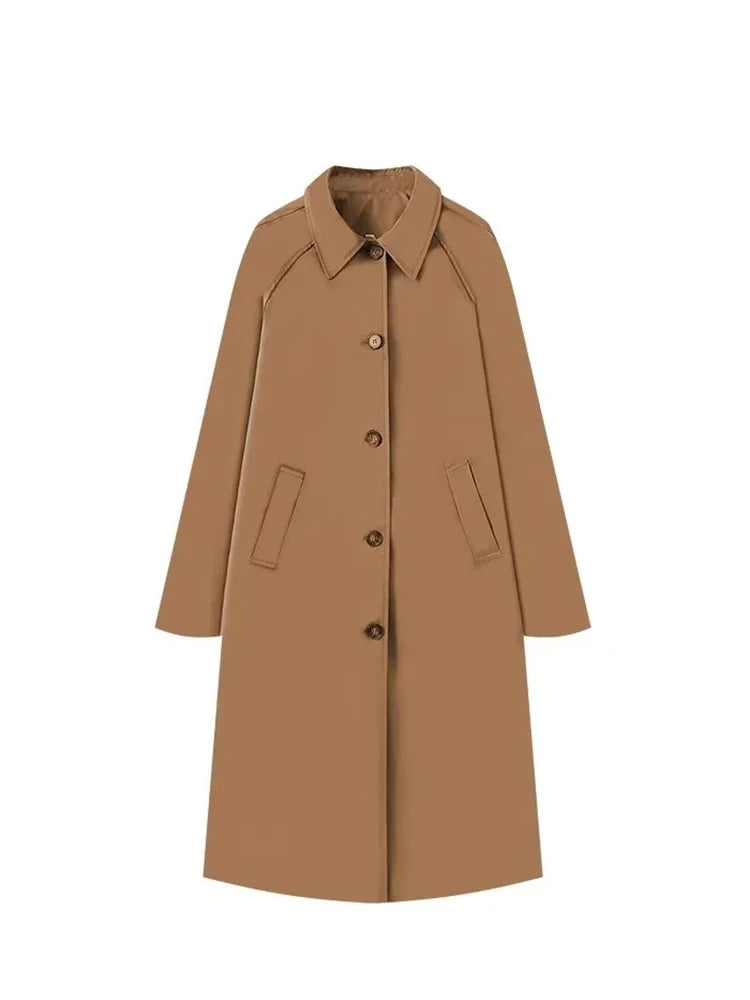 Manteau trench long à la mode pour femmes Automne et hiver Manteau à revers à manches longues et à boutonnage unique Manteau de rue simple, ample et de couleur pure