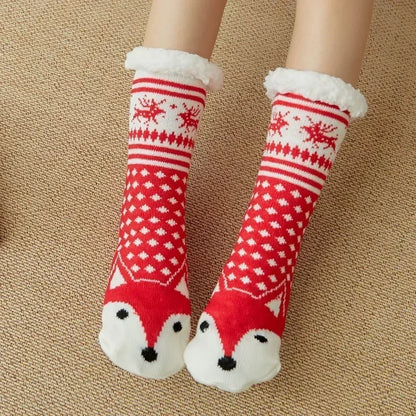 Cadeau de noël pantoufle chaussettes femmes thermique hiver chaud en peluche antidérapant poignée dormir sol chaussette courte floue moelleux femme dessin animé