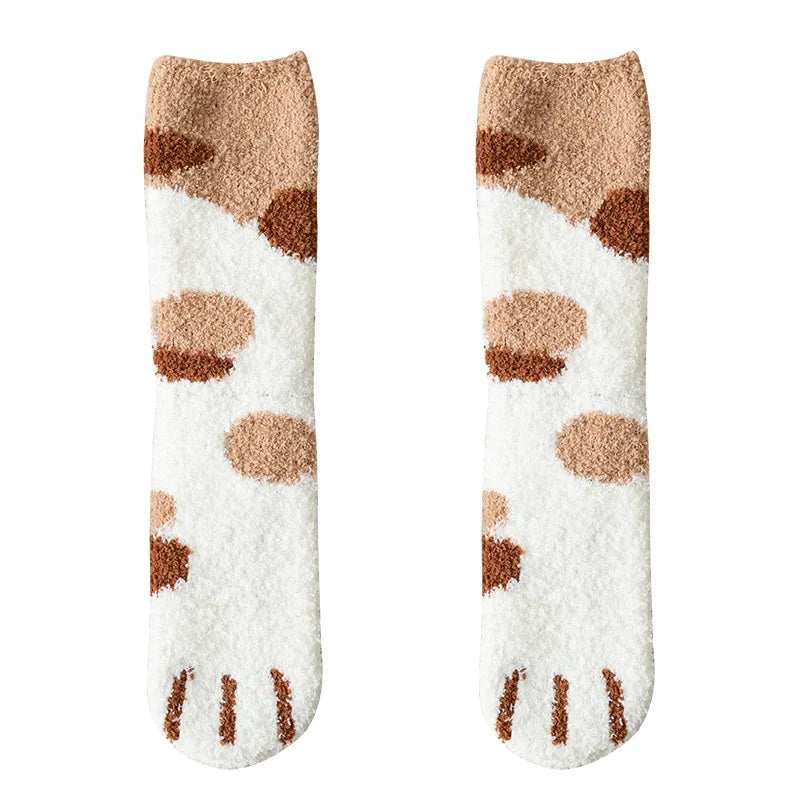 Chaussettes d'hiver pour femmes, chaussettes chaudes en molleton de corail épais, patte de chat Animal, mignonnes, chaussettes de sol douces pour filles