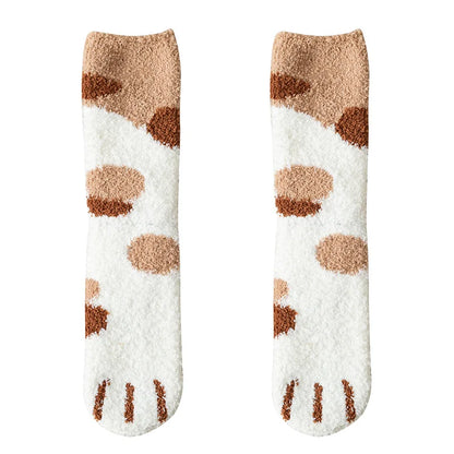 Chaussettes d'hiver pour femmes, chaussettes chaudes en molleton de corail épais, patte de chat Animal, mignonnes, chaussettes de sol douces pour filles