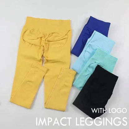 Leggings d'impact avec Logo pour femmes, Legging de Yoga sans couture, froissé, levage des fesses, ceinture basse côtelée, collants de sport, Fitness