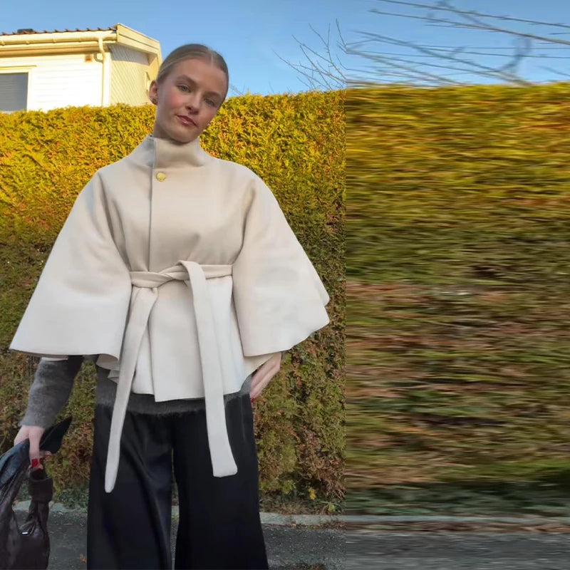 Manteau femme Cape courte manteaux pour femmes ceinture fausse laine et mélanges manteaux automne hiver solide manteaux élégant Cape veste dames