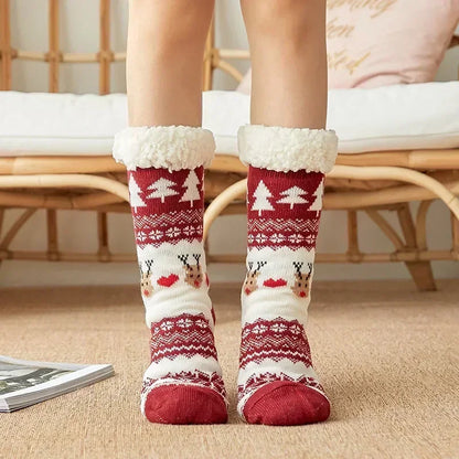 Cadeau de noël pantoufle chaussettes femmes thermique hiver chaud en peluche antidérapant poignée dormir sol chaussette courte floue moelleux femme dessin animé