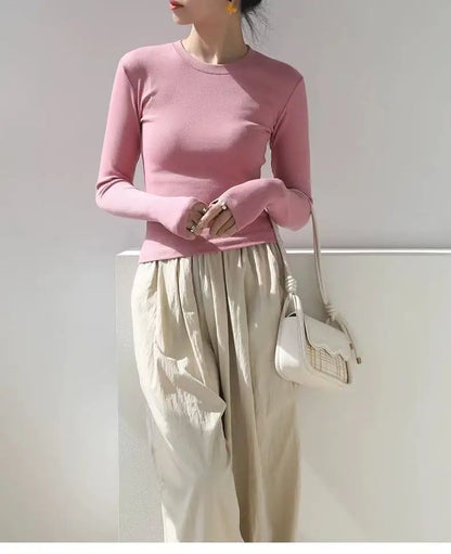 2025 nouveau t-shirt à manches longues femmes automne hiver haut court décontracté coupe ajustée pulls solide col rond T-shirts Streetwear femme Bas