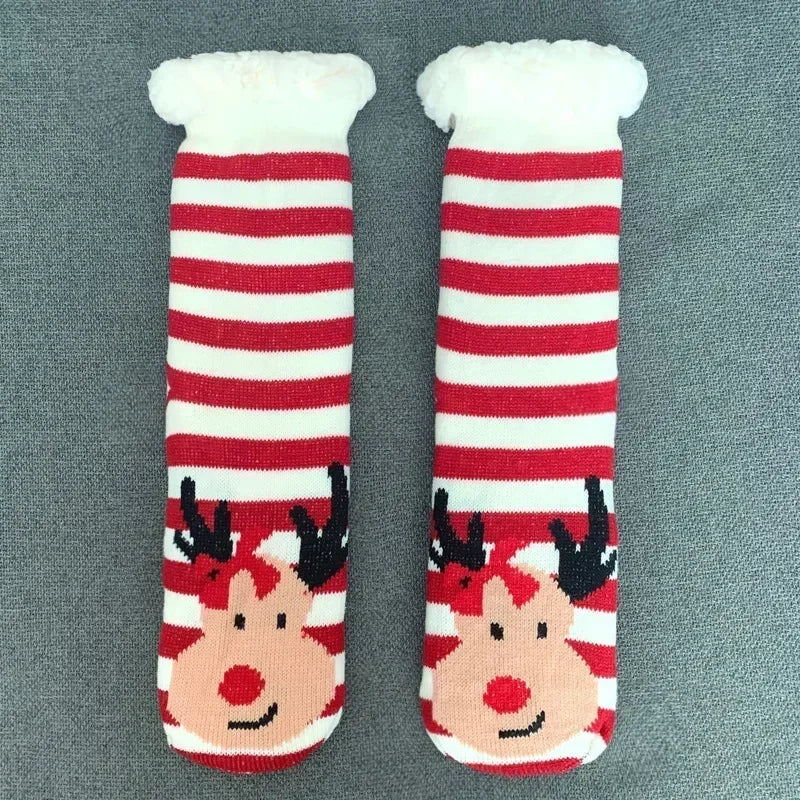 Cadeau de noël pantoufle chaussettes femmes thermique hiver chaud en peluche antidérapant poignée dormir sol chaussette courte floue moelleux femme dessin animé