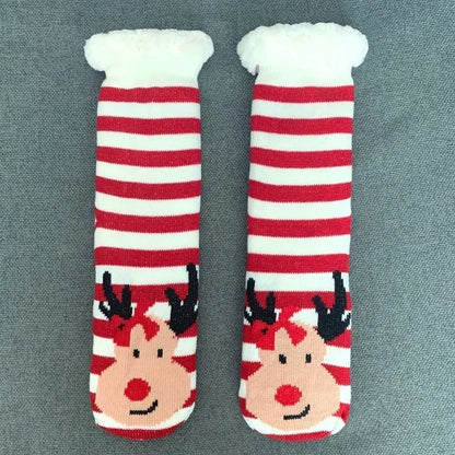 Cadeau de noël pantoufle chaussettes femmes thermique hiver chaud en peluche antidérapant poignée dormir sol chaussette courte floue moelleux femme dessin animé