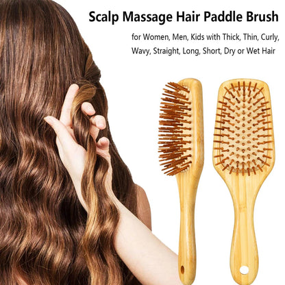 Bamboo Hair Brush with Paddle - Wood Bristles for Detangling and Gently Massaging Scalp, Reduces Frizz and Static