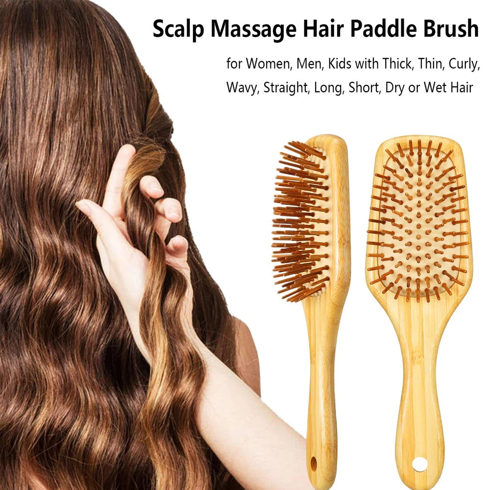 Bamboo Hair Brush with Paddle - Wood Bristles for Detangling and Gently Massaging Scalp, Reduces Frizz and Static
