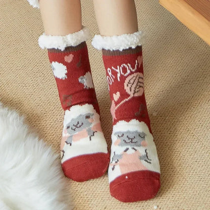 Cadeau de noël pantoufle chaussettes femmes thermique hiver chaud en peluche antidérapant poignée dormir sol chaussette courte floue moelleux femme dessin animé