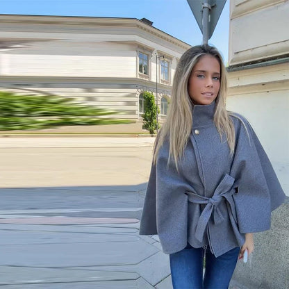 Manteau femme Cape courte manteaux pour femmes ceinture fausse laine et mélanges manteaux automne hiver solide manteaux élégant Cape veste dames