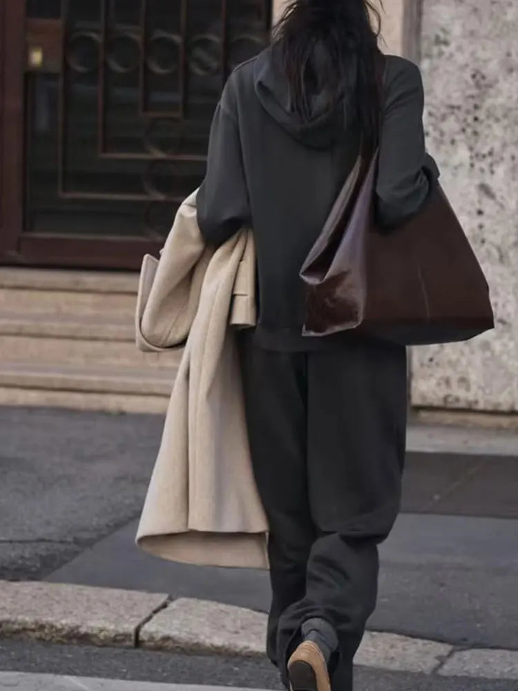 HH femmes solide décontracté sweat pantalon costume à manches longues à capuche polaire pull manteau ample pantalon droit bureau dame ensembles