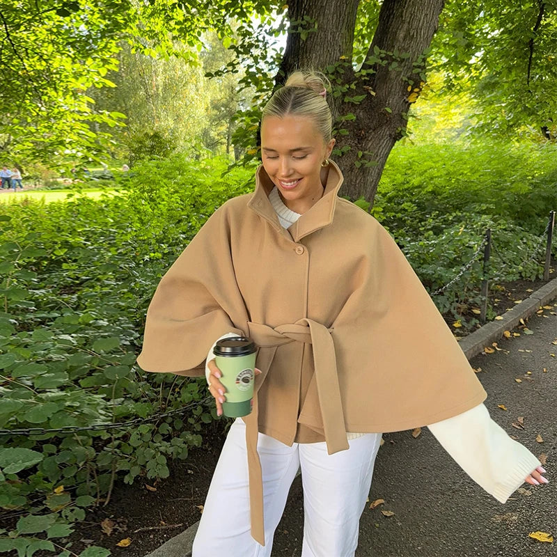 Manteau femme Cape courte manteaux pour femmes ceinture fausse laine et mélanges manteaux automne hiver solide manteaux élégant Cape veste dames