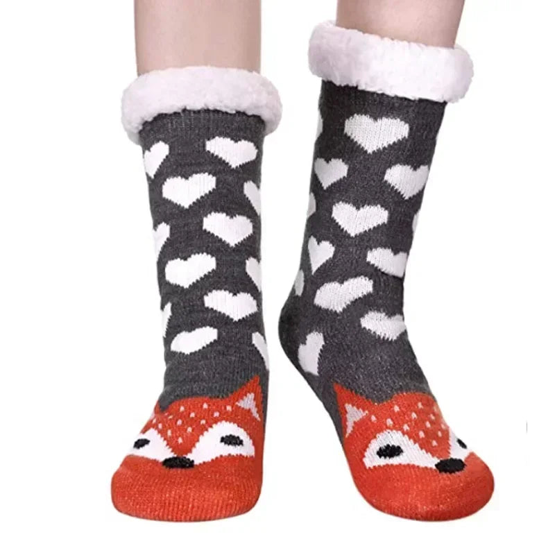 Cadeau de noël pantoufle chaussettes femmes thermique hiver chaud en peluche antidérapant poignée dormir sol chaussette courte floue moelleux femme dessin animé