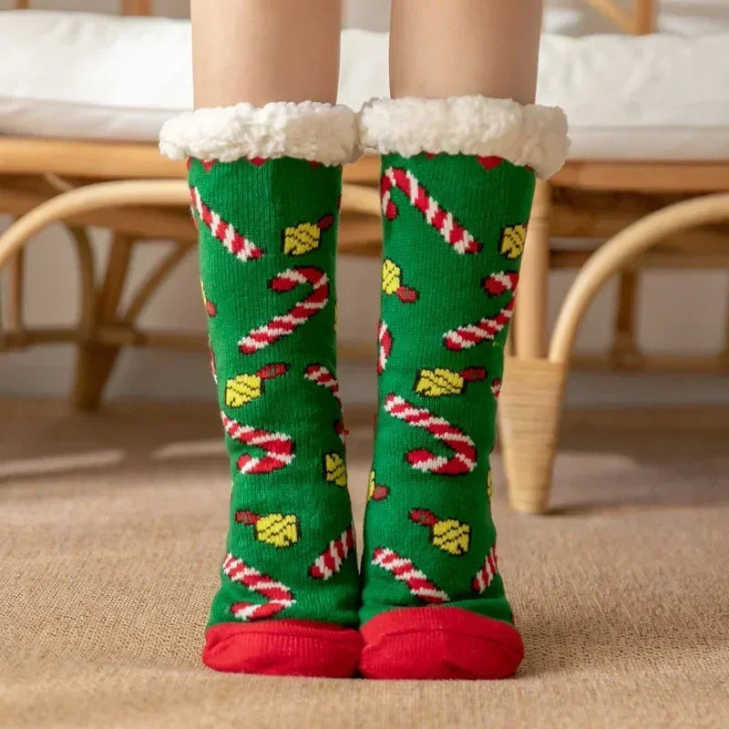 Cadeau de noël pantoufle chaussettes femmes thermique hiver chaud en peluche antidérapant poignée dormir sol chaussette courte floue moelleux femme dessin animé
