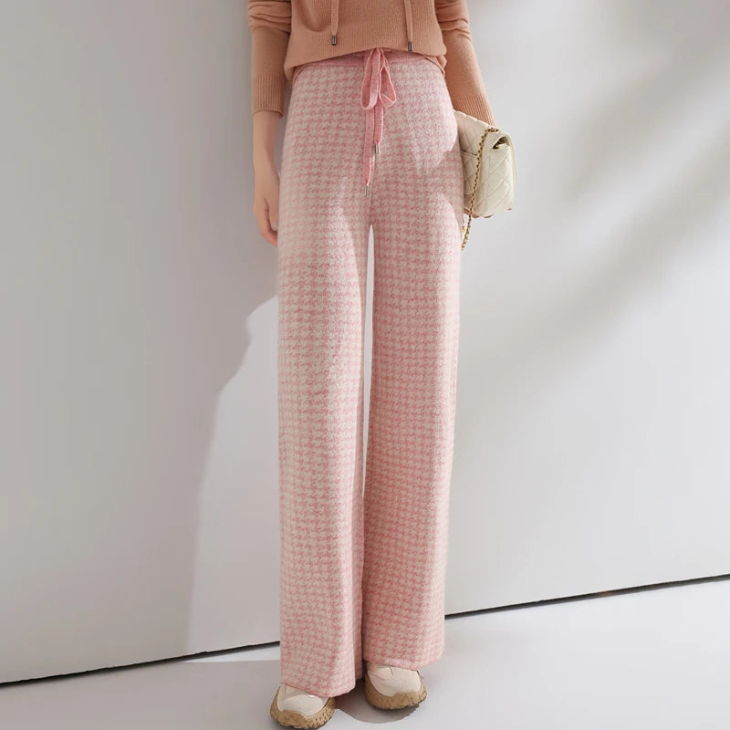 Pantalons en laine pour femmes, pantalons de sol amples en cachemire taille haute tricotés à la mode, pantalons à jambes larges pour femmes, nouvelle collection 2024
