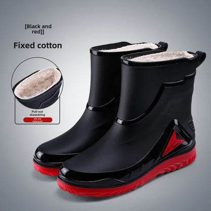 Chaussures de pluie imperméables pour hommes, chaussures de travail d'extérieur antidérapantes, doublées de polaire, bottes de pluie chaudes en coton, chaussures de cuisine pour hommes