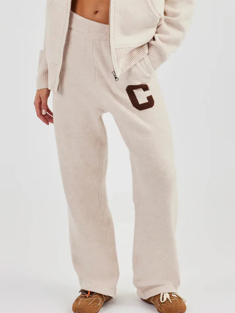 Ensemble Cardigan et pantalon en tricot pour femmes, décontracté, capuche, fermeture éclair, manches longues, manteau ample, pantalon droit, mode dame, costume 2 pièces, automne 2025