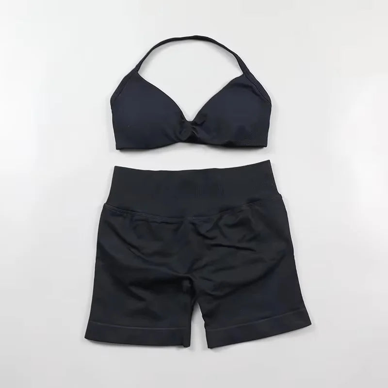 Ensemble de Yoga froncé sans couture pour femmes, vêtements de sport, short de gymnastique, soutien-gorge à bretelles, ensemble 2 pièces, col licou, vêtements d'entraînement, costume de Fitness
