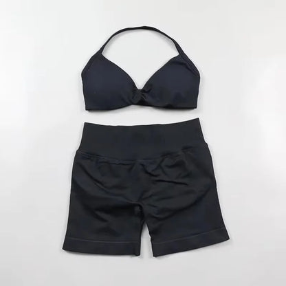 Ensemble de Yoga froncé sans couture pour femmes, vêtements de sport, short de gymnastique, soutien-gorge à bretelles, ensemble 2 pièces, col licou, vêtements d'entraînement, costume de Fitness