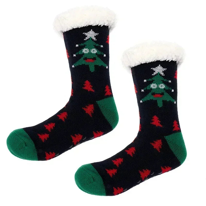 Cadeau de noël pantoufle chaussettes femmes thermique hiver chaud en peluche antidérapant poignée dormir sol chaussette courte floue moelleux femme dessin animé