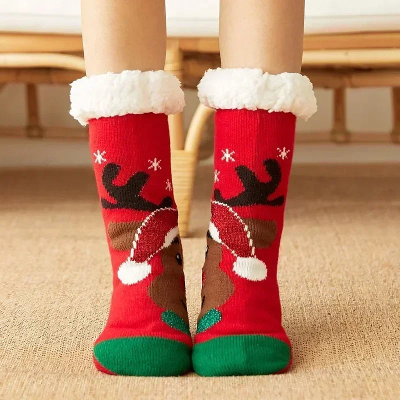 Cadeau de noël pantoufle chaussettes femmes thermique hiver chaud en peluche antidérapant poignée dormir sol chaussette courte floue moelleux femme dessin animé