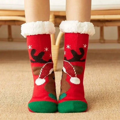Cadeau de noël pantoufle chaussettes femmes thermique hiver chaud en peluche antidérapant poignée dormir sol chaussette courte floue moelleux femme dessin animé