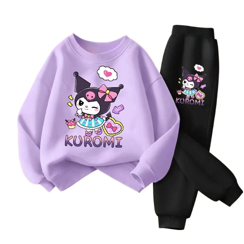 SANRIO-Sweat-shirt imprimé Kuromi pour filles, ensemble de vêtements pour enfants, survêtement respirant, mince, imbibé, dessin animé, printemps, automne, 2 pièces