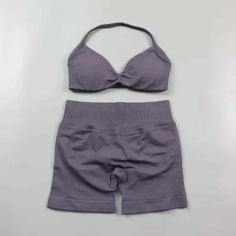 Ensemble de Yoga froncé sans couture pour femmes, vêtements de sport, short de gymnastique, soutien-gorge à bretelles, ensemble 2 pièces, col licou, vêtements d'entraînement, costume de Fitness