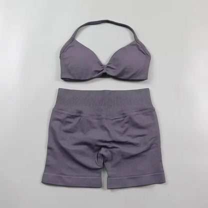 Ensemble de Yoga froncé sans couture pour femmes, vêtements de sport, short de gymnastique, soutien-gorge à bretelles, ensemble 2 pièces, col licou, vêtements d'entraînement, costume de Fitness