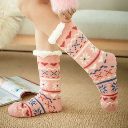 Cadeau de noël pantoufle chaussettes femmes thermique hiver chaud en peluche antidérapant poignée dormir sol chaussette courte floue moelleux femme dessin animé