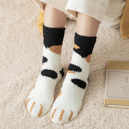 Chaussettes d'hiver pour femmes, chaussettes chaudes en molleton de corail épais, patte de chat Animal, mignonnes, chaussettes de sol douces pour filles