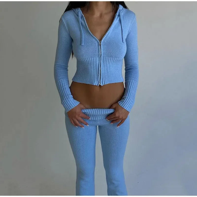 Tenue 2 pièces en tricot côtelé pour femmes, manches longues, fermeture éclair, coupe cintrée, haut court à capuche, pantalon Long élastique, ensemble survêtements Y2K