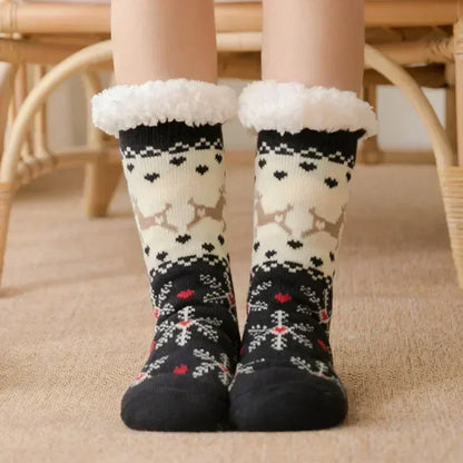 Cadeau de noël pantoufle chaussettes femmes thermique hiver chaud en peluche antidérapant poignée dormir sol chaussette courte floue moelleux femme dessin animé