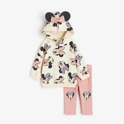 Minnie et Mickey imprimé complet hauts à capuche couleur unie Leggings deux pièces nouveaux enfants dessin animé sweat + pantalon bébé vêtements ensemble