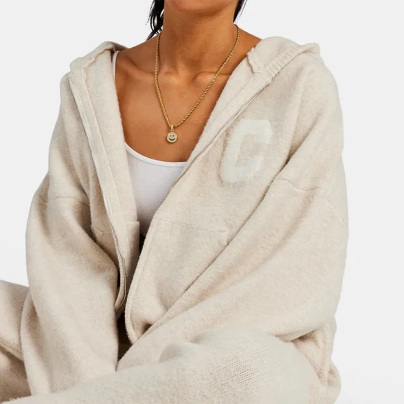 Ensemble Cardigan et pantalon en tricot pour femmes, décontracté, capuche, fermeture éclair, manches longues, manteau ample, pantalon droit, mode dame, costume 2 pièces, automne 2025