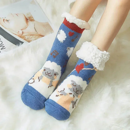 Cadeau de noël pantoufle chaussettes femmes thermique hiver chaud en peluche antidérapant poignée dormir sol chaussette courte floue moelleux femme dessin animé